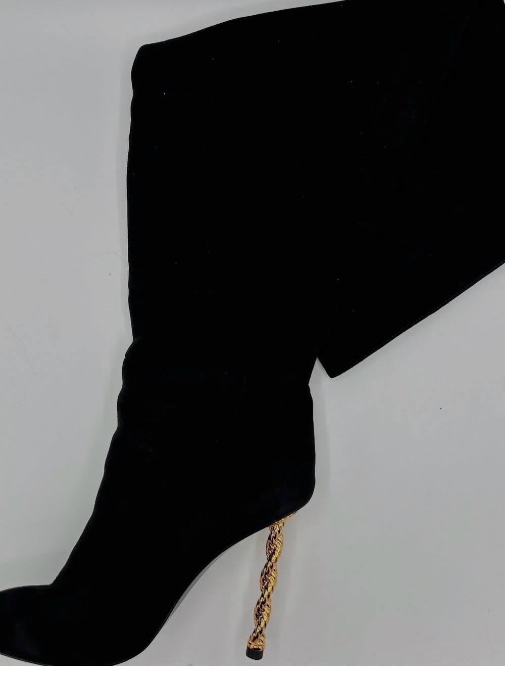 Black Over-the-Knee Boot with Twisted Gold Stiletto Heel